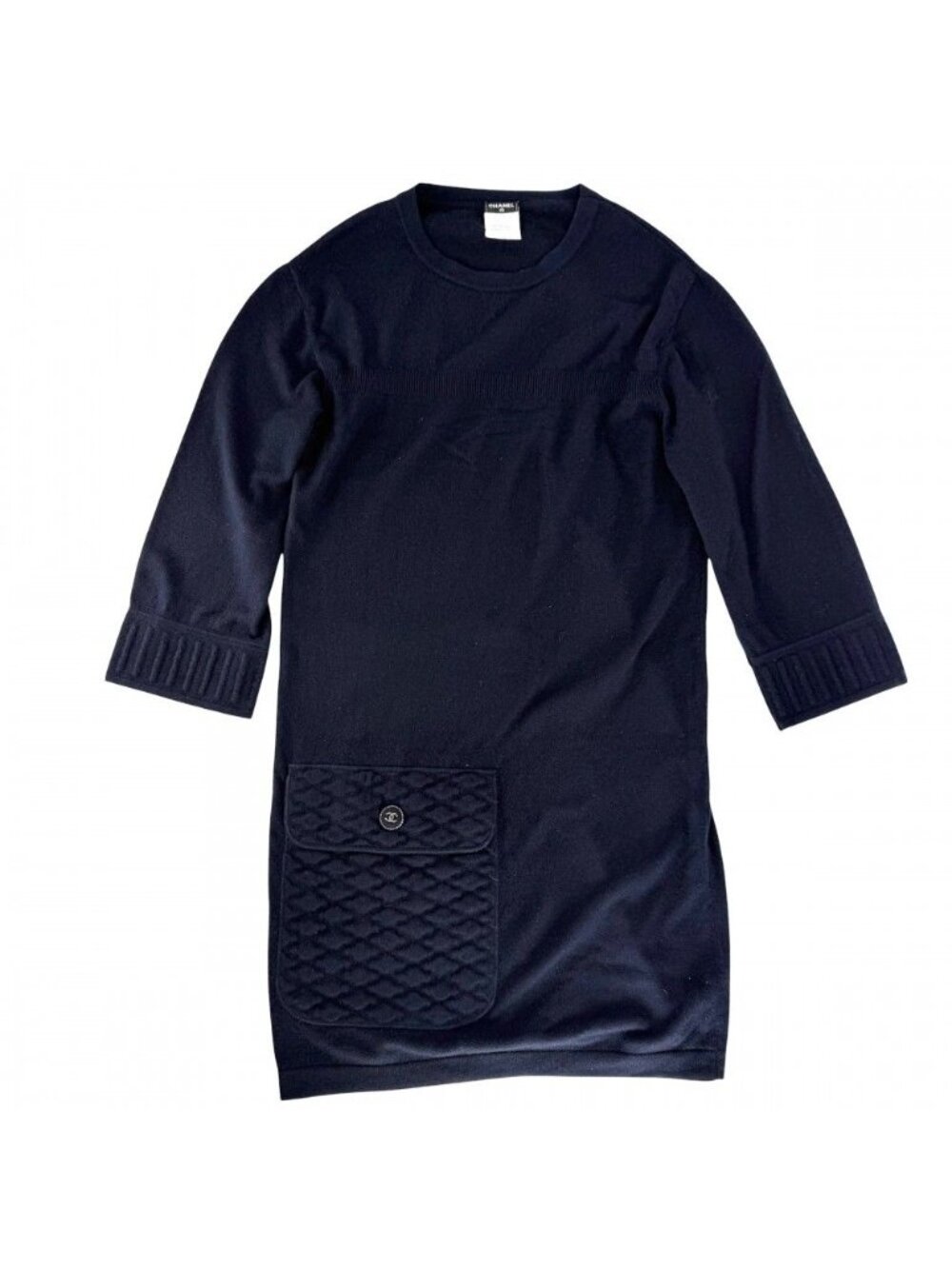 Chanel Dress Coco Button Knit Long Sleeve Pocket 36 Navy Cashmere Nylon Spandex